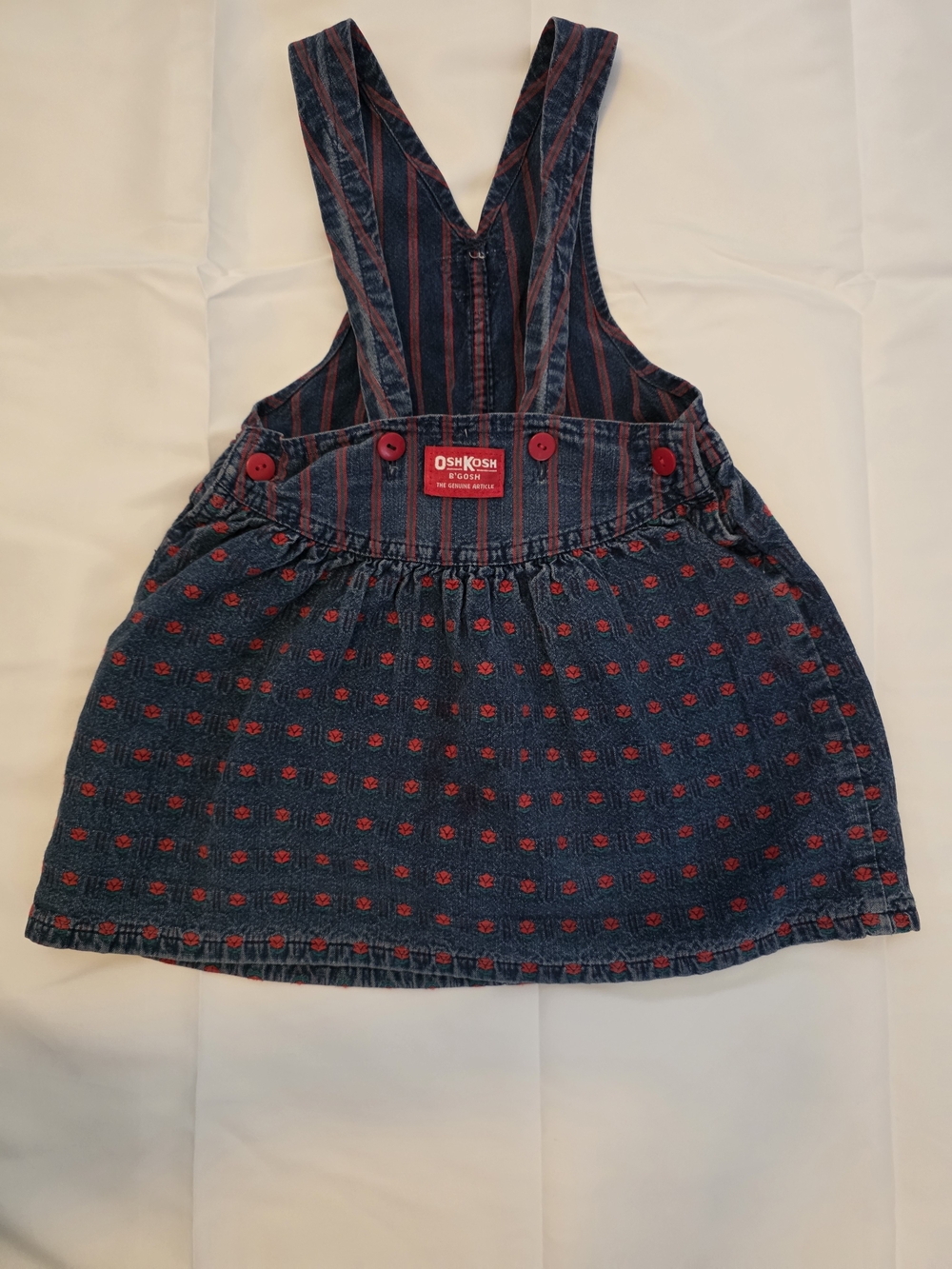 Vintage OshKosh B'gosh Navy Denim Pinafore Skirt with Red Dot Accents